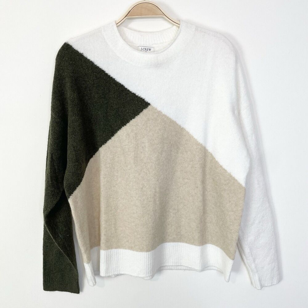 J. Crew Factory Colorblock Mockneck Sweater Extra Soft Yarn Medium Cream‎ Green